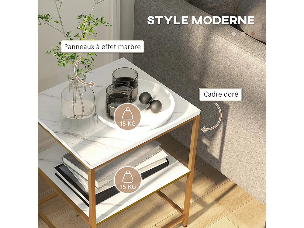Table d'appoint bout de canapé avec 2 étagères effet marbre et structure en métal doré
