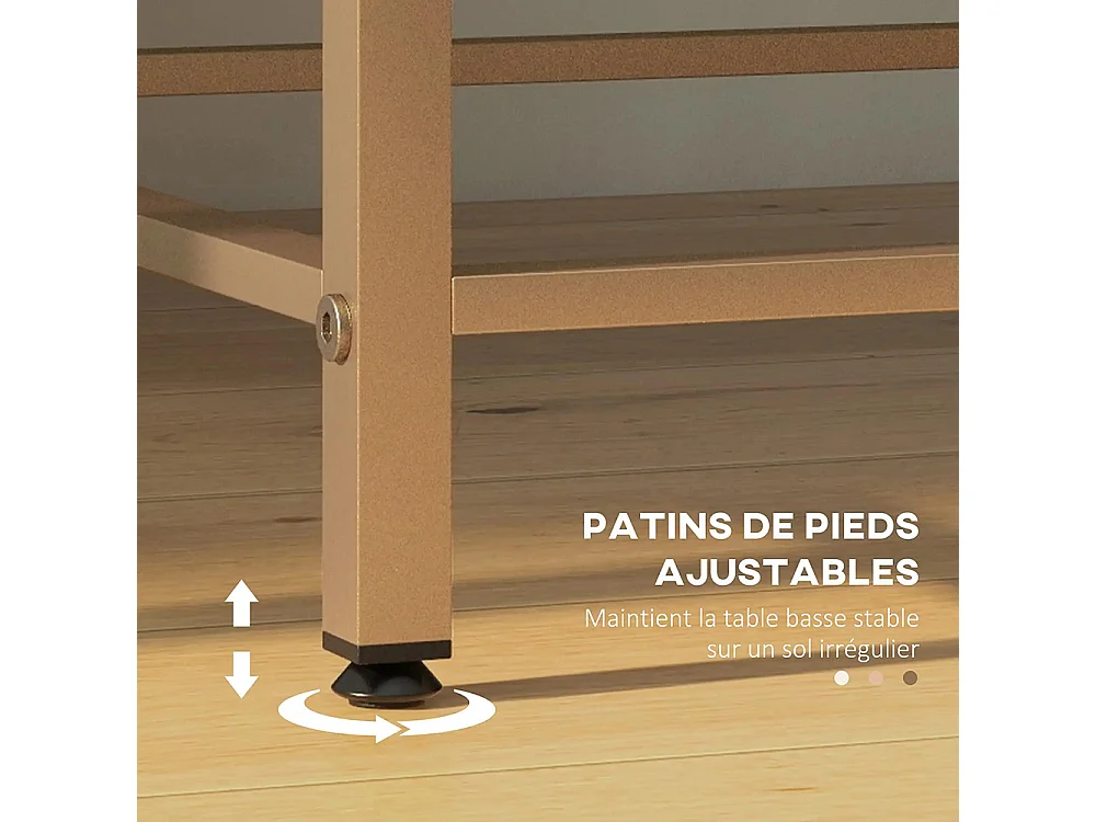 Table d'appoint bout de canapé avec 2 étagères effet marbre et structure en métal doré