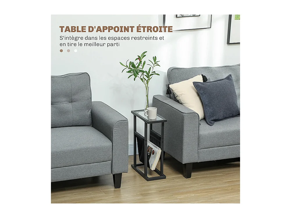 Table d'appoint étroite bout de canapé en métal avec porte-revues et plateau en verre trempé noir