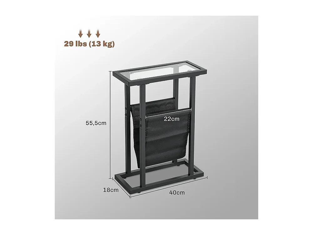 Table d'appoint étroite bout de canapé en métal avec porte-revues et plateau en verre trempé noir