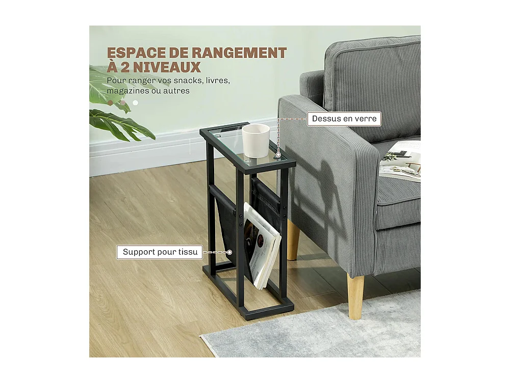 Table d'appoint étroite bout de canapé en métal avec porte-revues et plateau en verre trempé noir