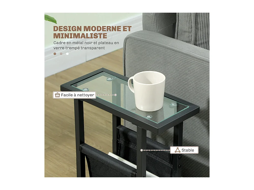 Table d'appoint étroite bout de canapé en métal avec porte-revues et plateau en verre trempé noir