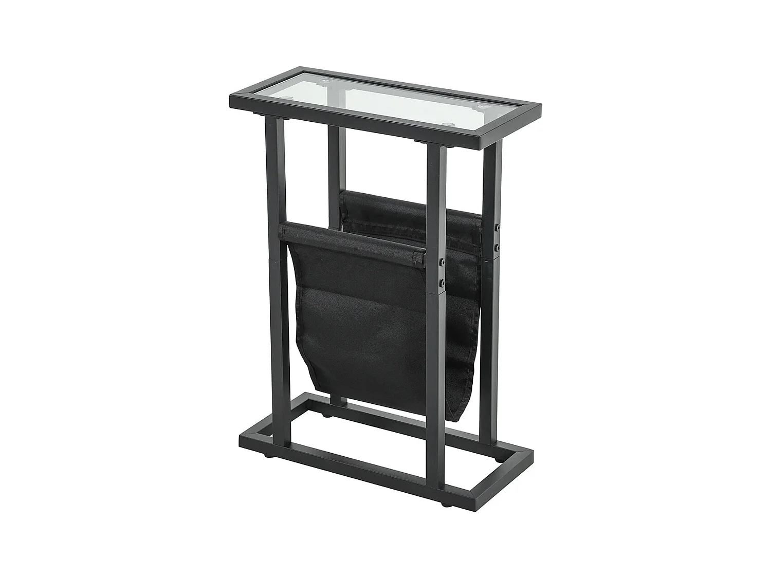 Table d'appoint étroite bout de canapé en métal avec porte-revues et plateau en verre trempé noir