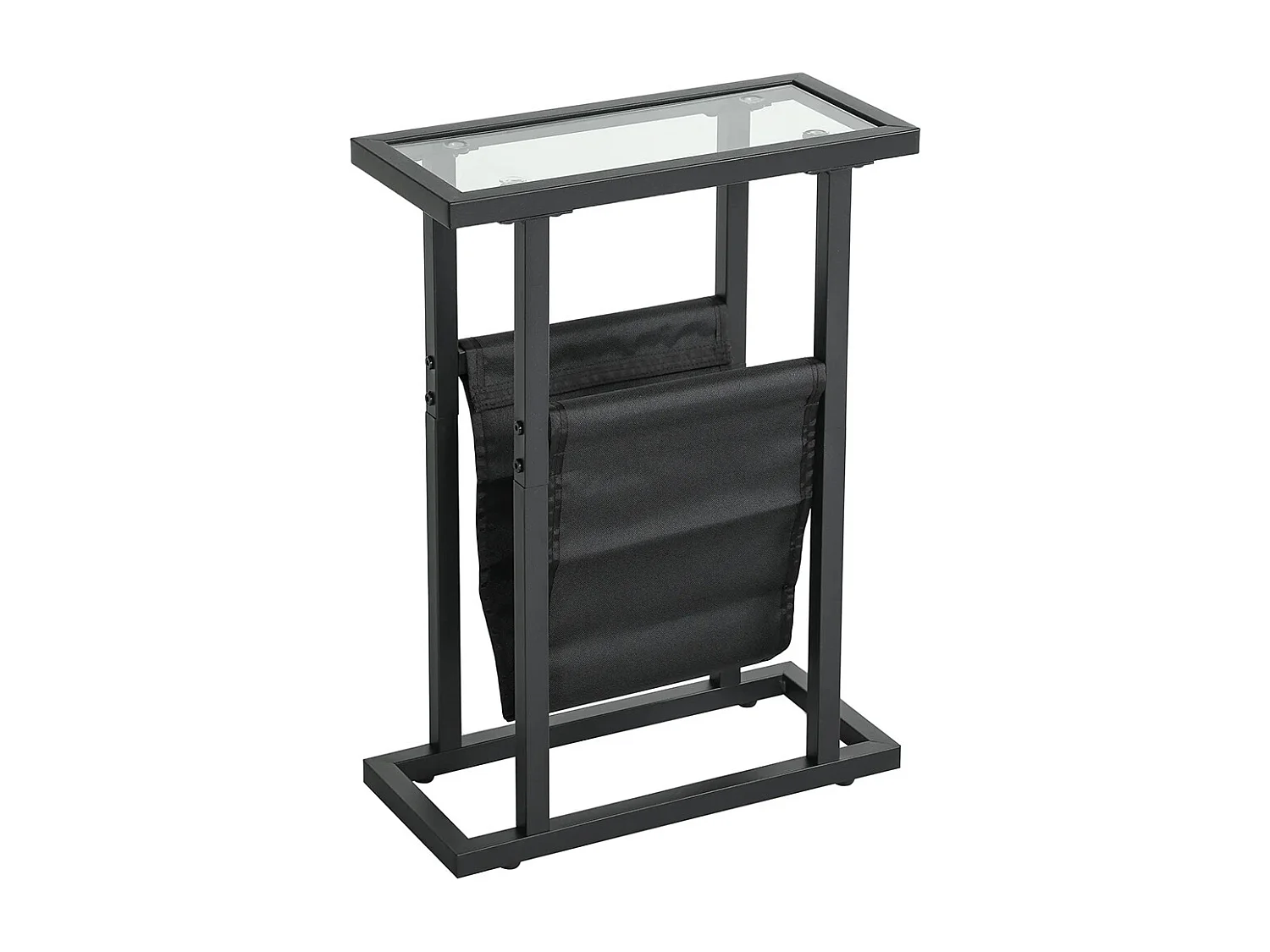 Table d'appoint étroite bout de canapé en métal avec porte-revues et plateau en verre trempé noir