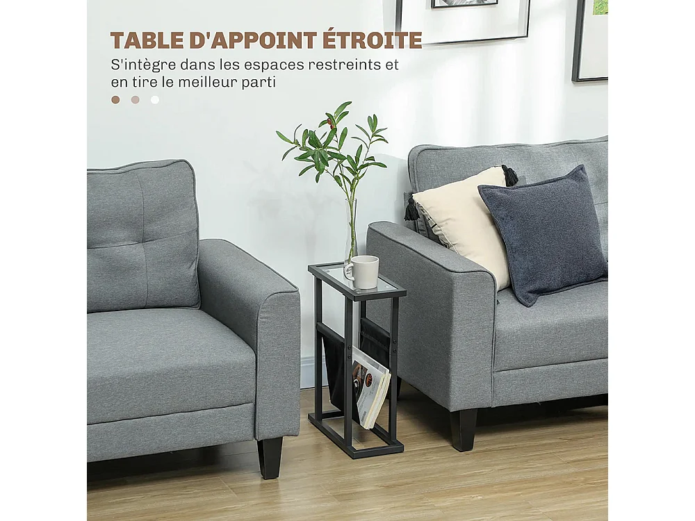 Table d'appoint étroite bout de canapé en métal avec porte-revues et plateau en verre trempé noir