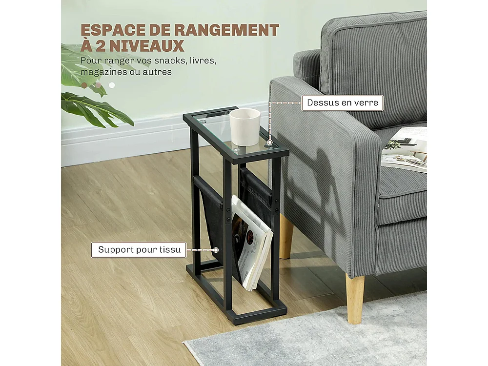 Table d'appoint étroite bout de canapé en métal avec porte-revues et plateau en verre trempé noir