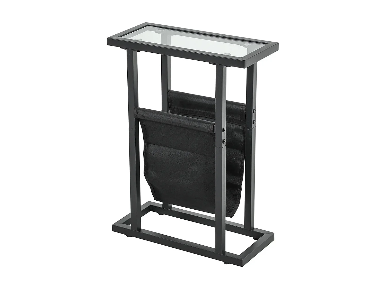 Table d'appoint étroite bout de canapé en métal avec porte-revues et plateau en verre trempé noir