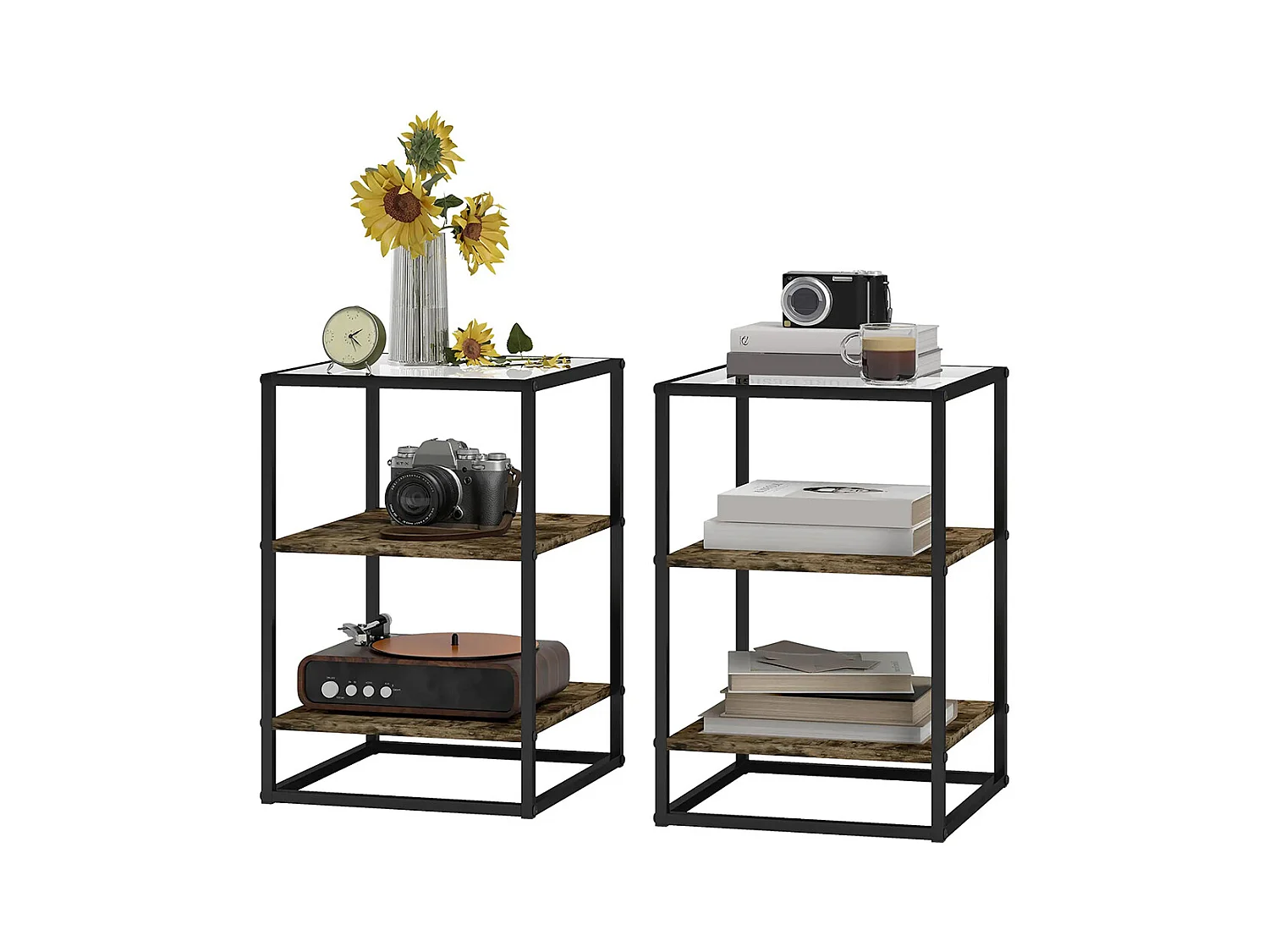 Tables d'appoint lot de 2 tables de chevet à 3 niveaux avec plateau en verre trempé marron rustique
