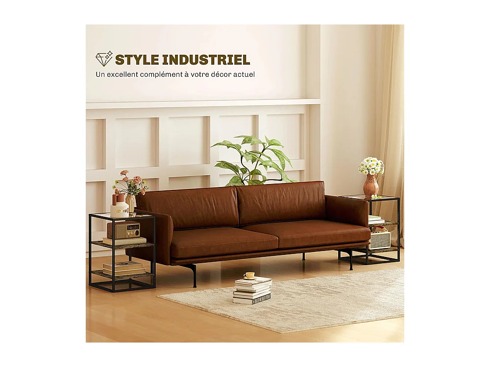 Tables d'appoint lot de 2 tables de chevet à 3 niveaux avec plateau en verre trempé marron rustique