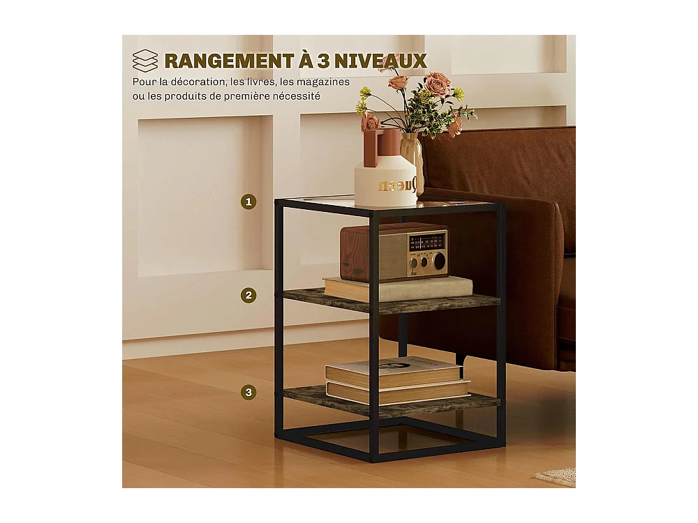 Tables d'appoint lot de 2 tables de chevet à 3 niveaux avec plateau en verre trempé marron rustique