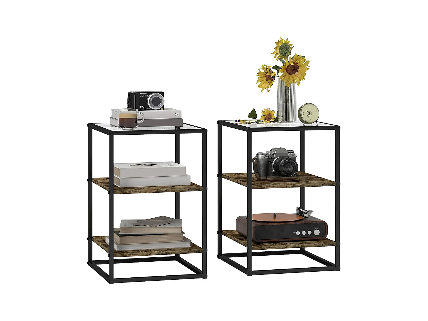 Tables d'appoint lot de 2 tables de chevet à 3 niveaux avec plateau en verre trempé marron rustique