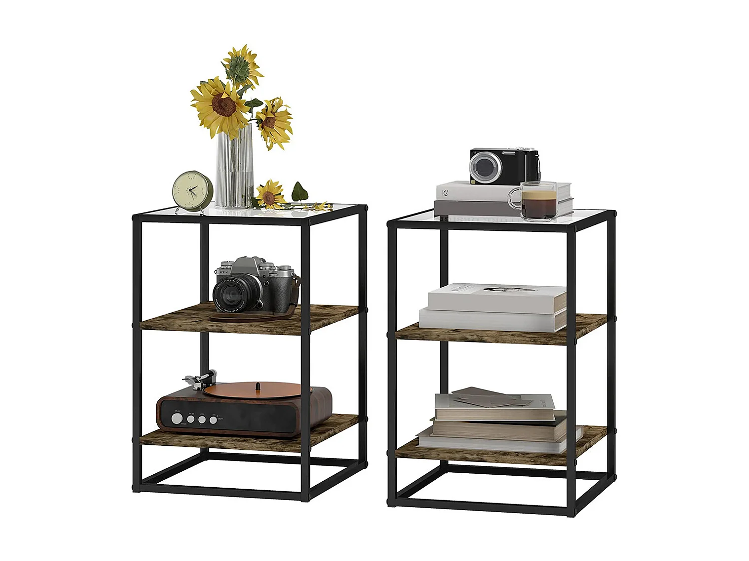 Tables d'appoint lot de 2 tables de chevet à 3 niveaux avec plateau en verre trempé marron rustique