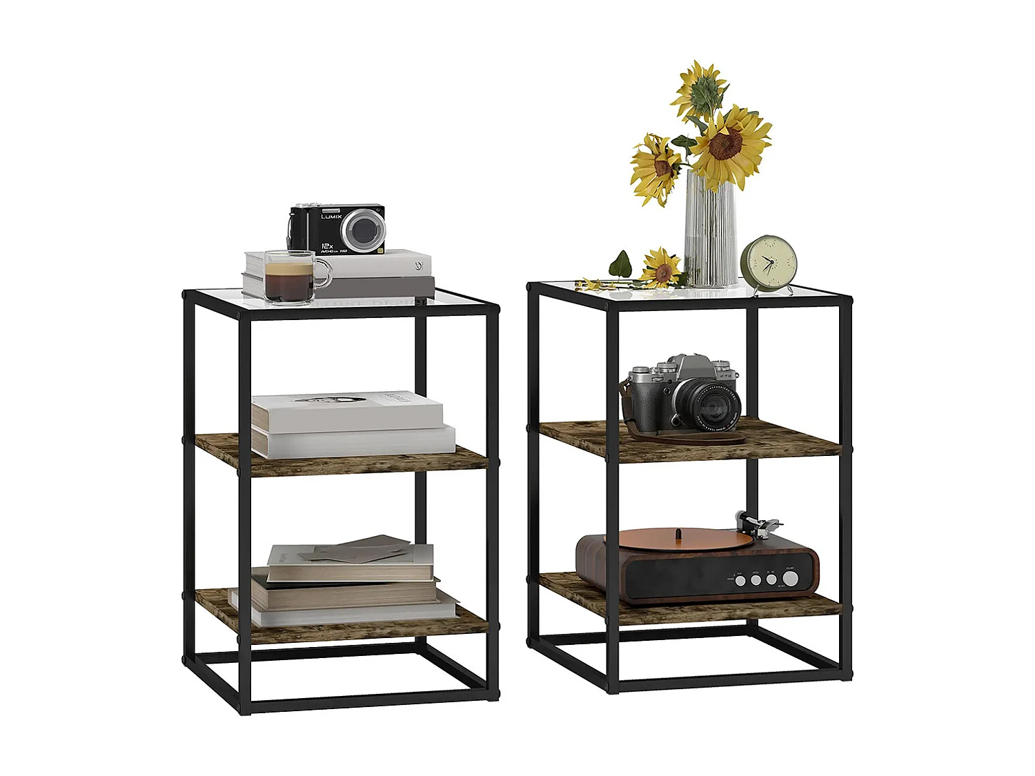 Tables d'appoint lot de 2 tables de chevet à 3 niveaux avec plateau en verre trempé marron rustique