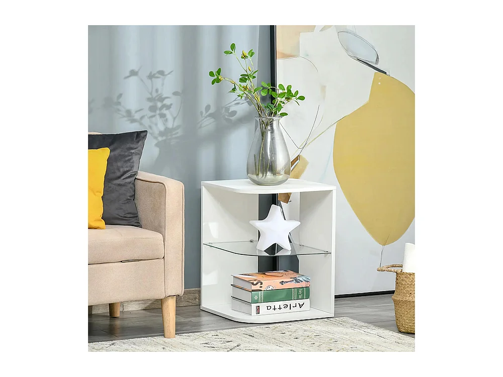 Table d'appoint guéridon design contemporain bout de canapé étagère verre trempé blanc
