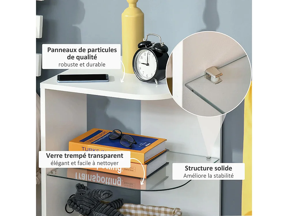 Table d'appoint guéridon design contemporain bout de canapé étagère verre trempé blanc