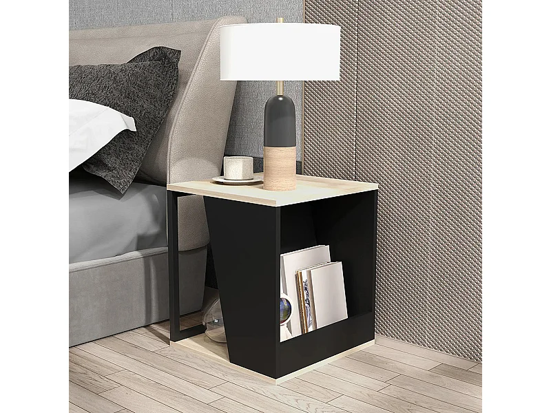 Lot de 2 tables d'appoint bout de canapé avec rangement structure en acier noir et naturel