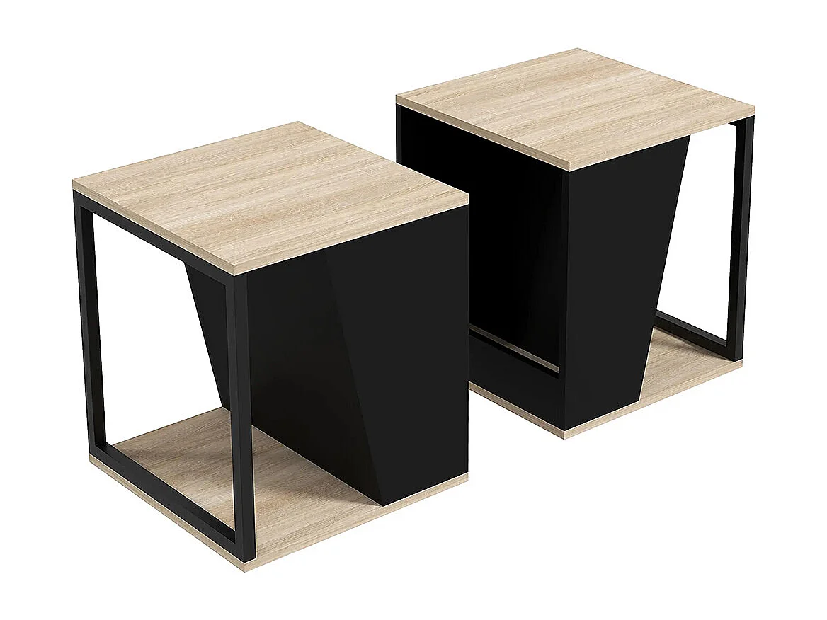Lot de 2 tables d'appoint bout de canapé avec rangement structure en acier noir et naturel