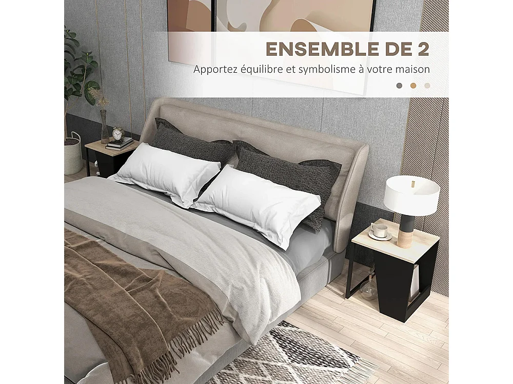 Lot de 2 tables d'appoint bout de canapé avec rangement structure en acier noir et naturel