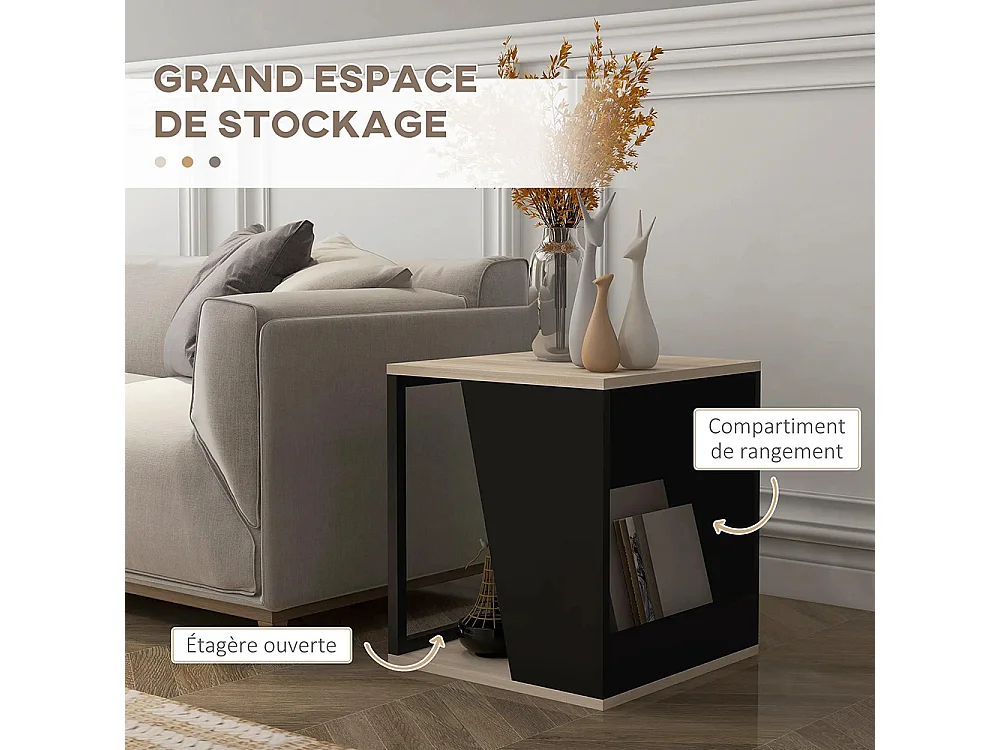 Lot de 2 tables d'appoint bout de canapé avec rangement structure en acier noir et naturel