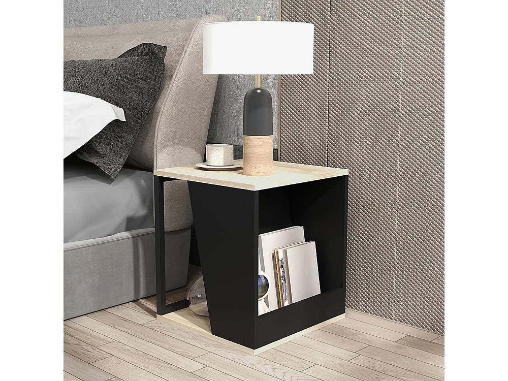 Lot de 2 tables d'appoint bout de canapé avec rangement structure en acier noir et naturel