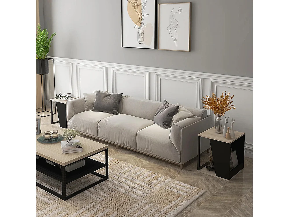 Lot de 2 tables d'appoint bout de canapé avec rangement structure en acier noir et naturel