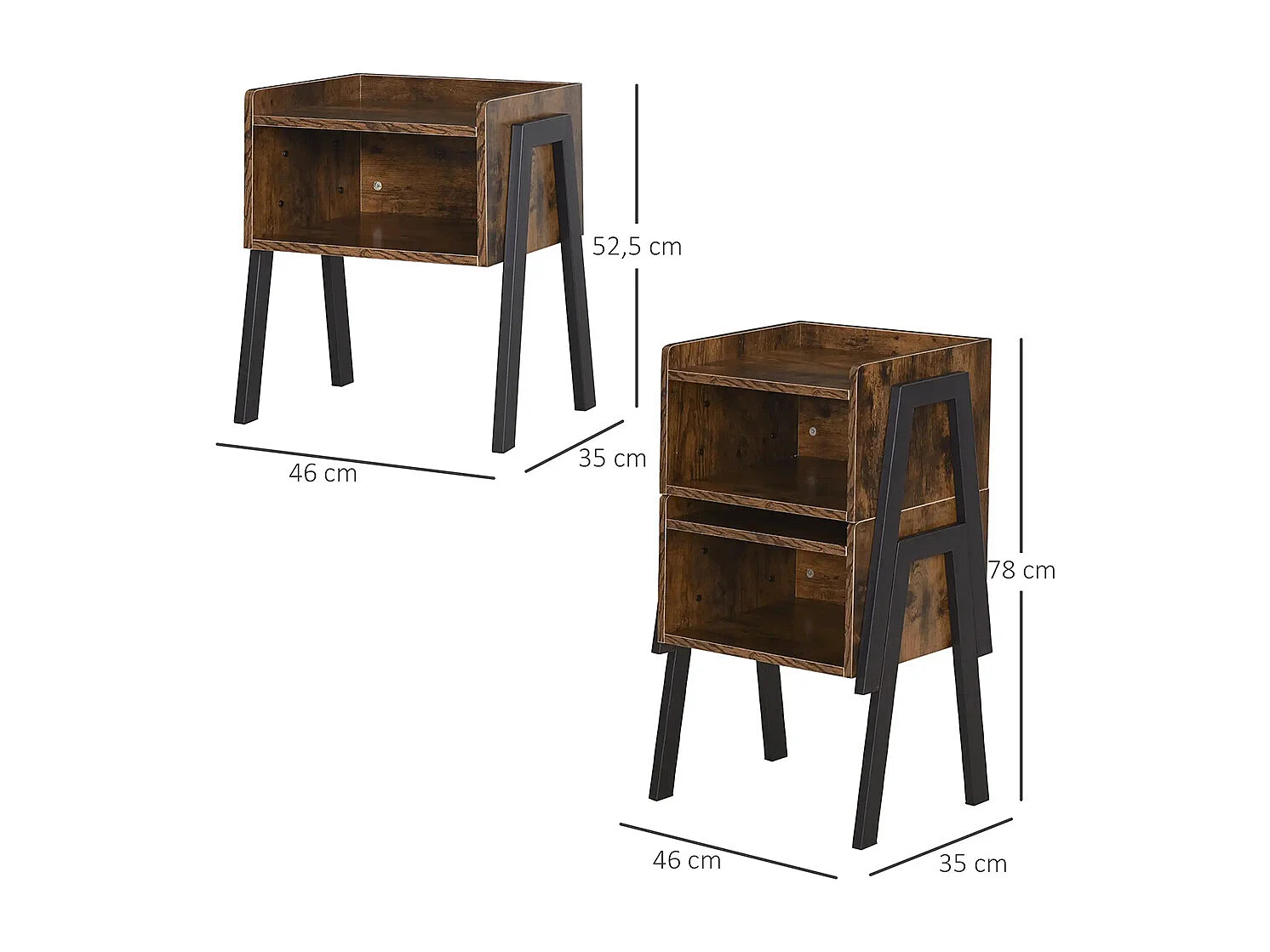 Lot de 2 Tables de Chevet empilables tables de nuit en bois table d'appoint style Industriel Marron Rustique et Noir
