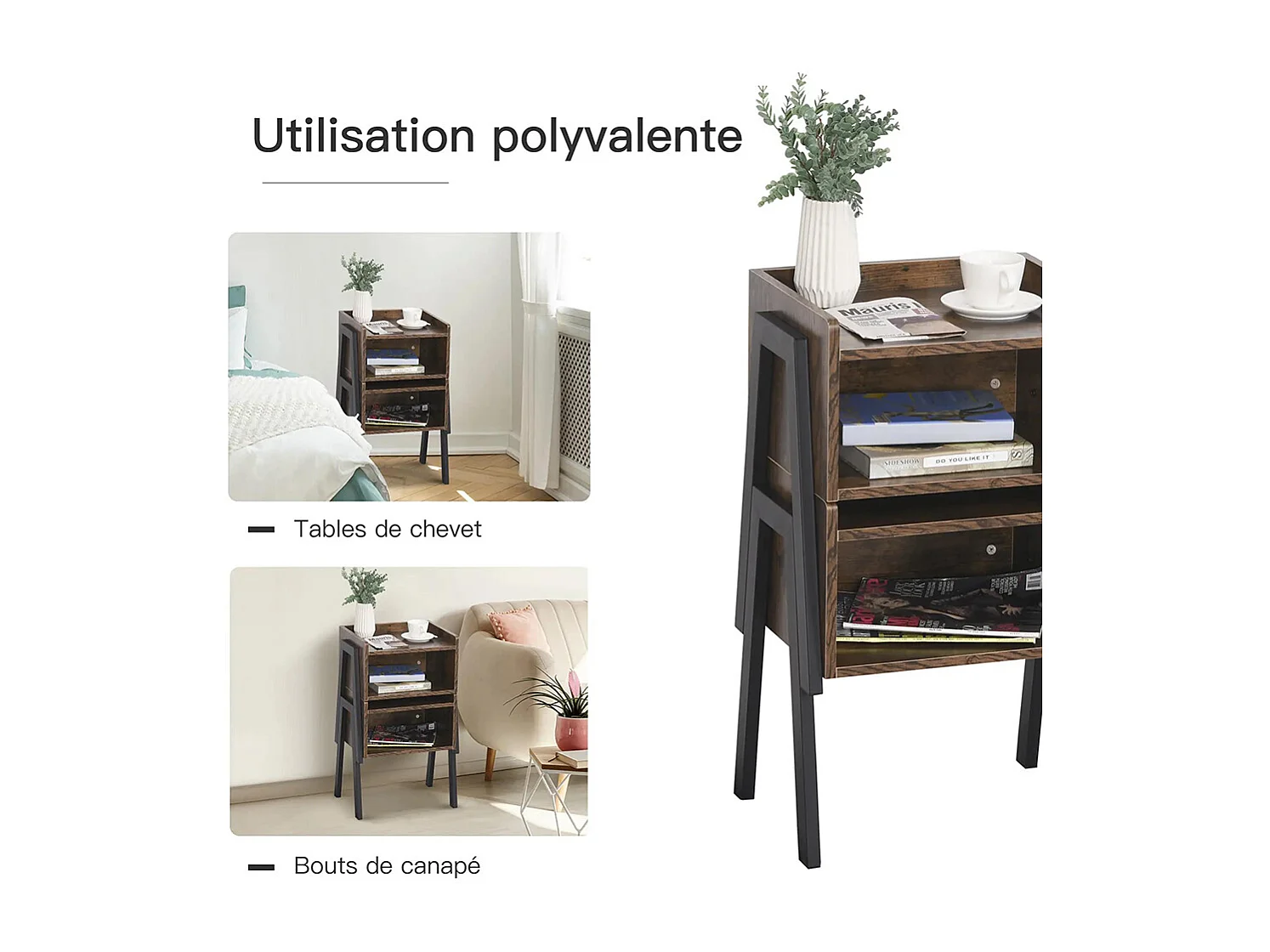 Lot de 2 Tables de Chevet empilables tables de nuit en bois table d'appoint style Industriel Marron Rustique et Noir