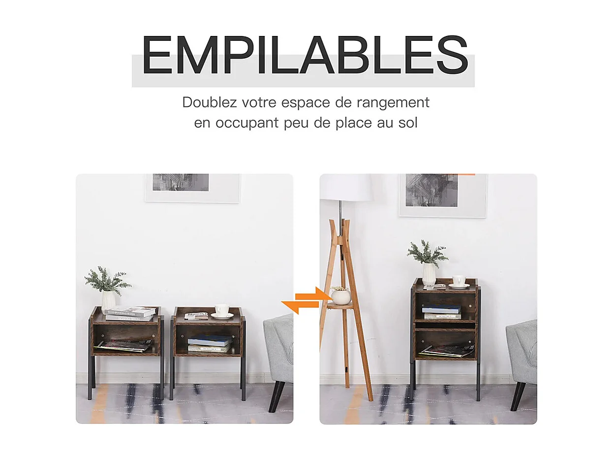 Lot de 2 Tables de Chevet empilables tables de nuit en bois table d'appoint style Industriel Marron Rustique et Noir
