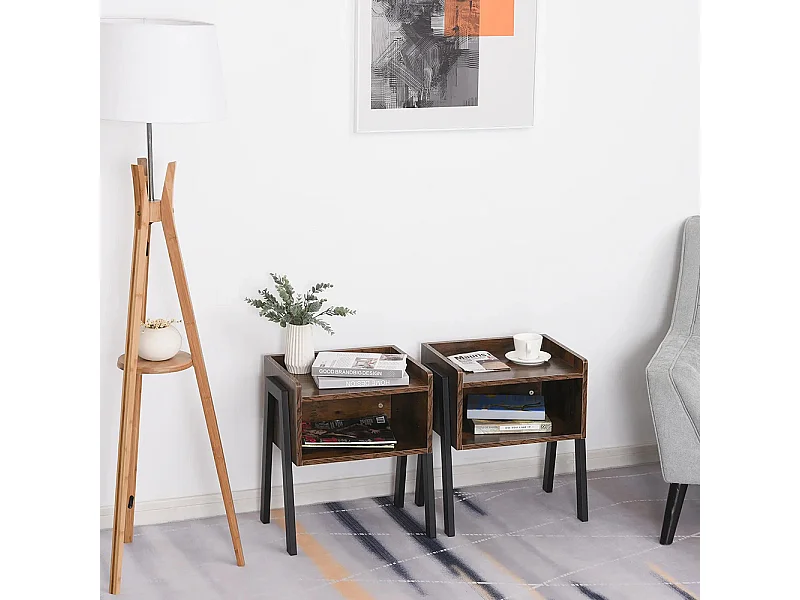 Lot de 2 Tables de Chevet empilables tables de nuit en bois table d'appoint style Industriel Marron Rustique et Noir