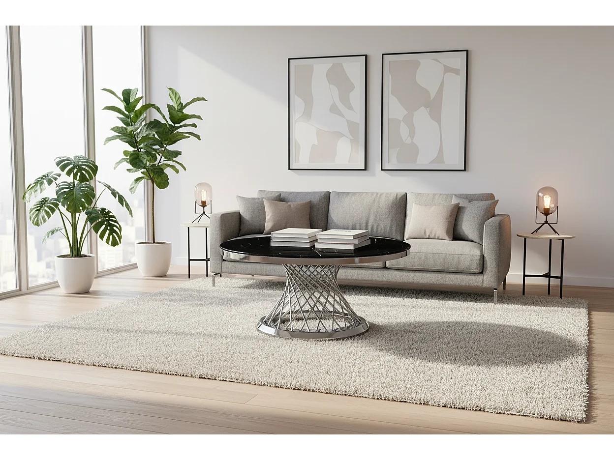 Table Basse DELUXE Ronde Plateau Verre Trempé Marbré Noir Structure Chrome D100x45cm