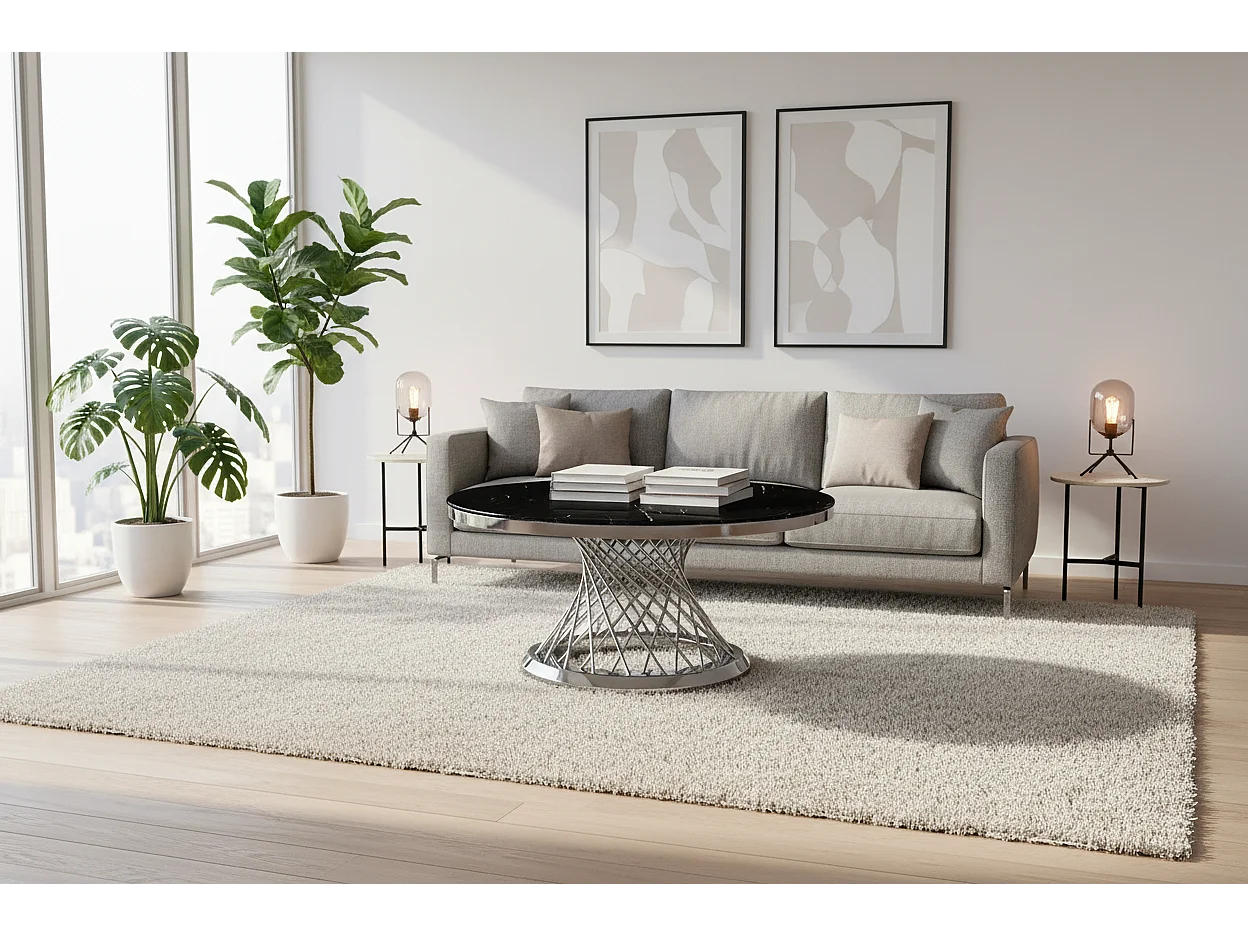 Table Basse DELUXE Ronde Plateau Verre Trempé Marbré Noir Structure Chrome D100x45cm