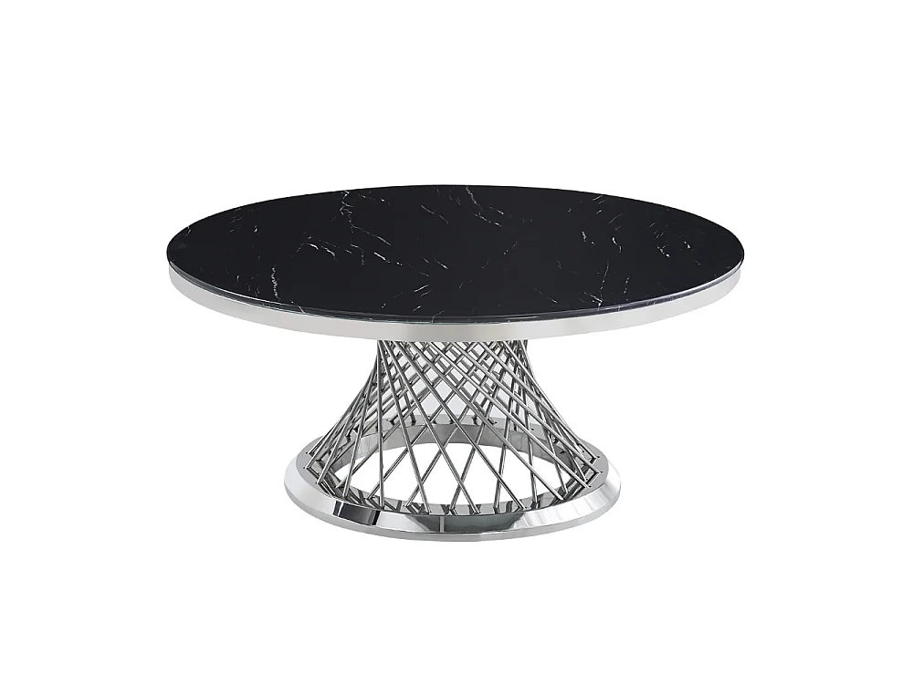 Table Basse DELUXE Ronde Plateau Verre Trempé Marbré Noir Structure Chrome D100x45cm