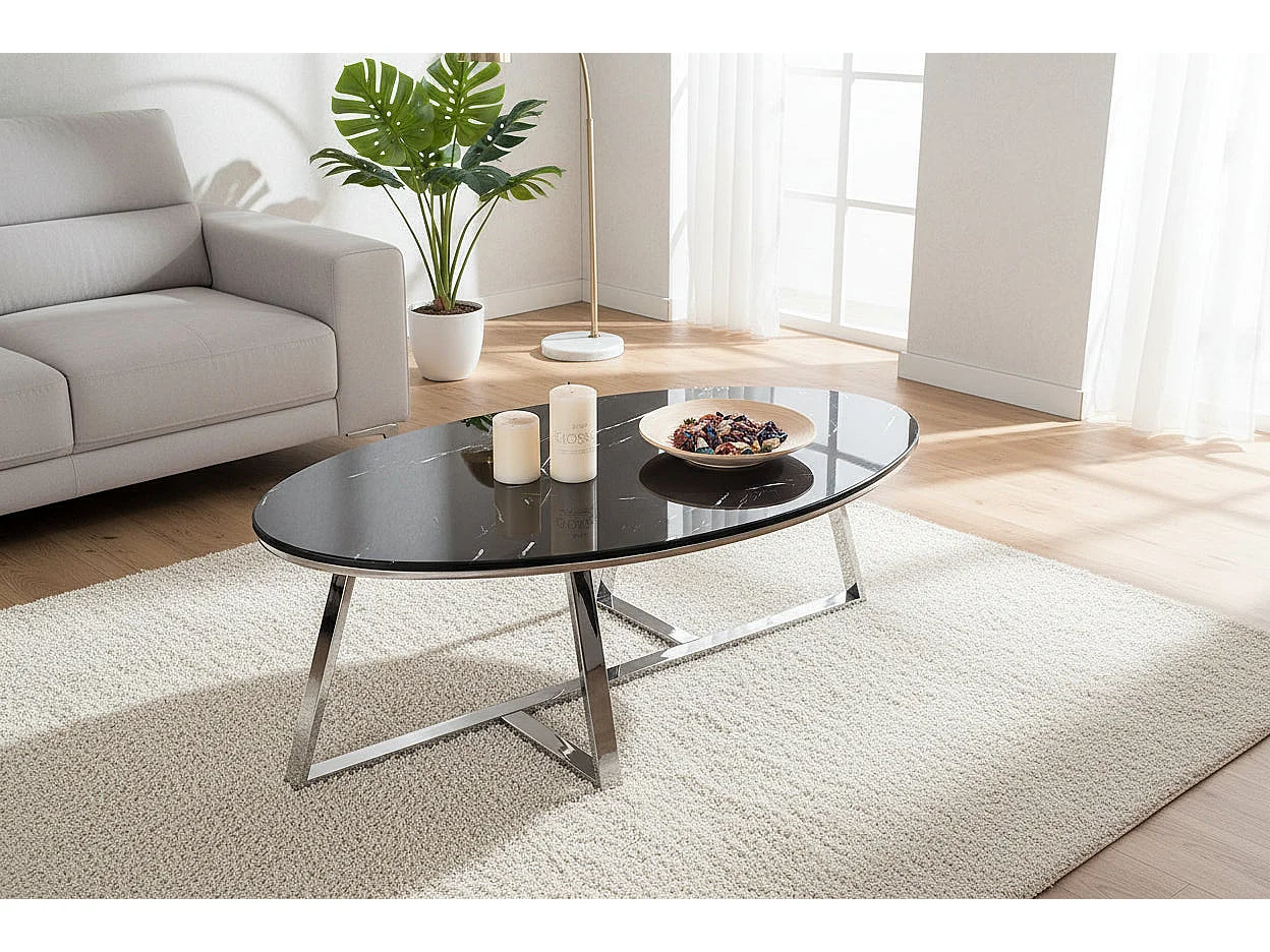 Table Basse Ovale GAMMA Plateau Granite Effet Marbre Noir Pieds Chrome 120x60x45cm