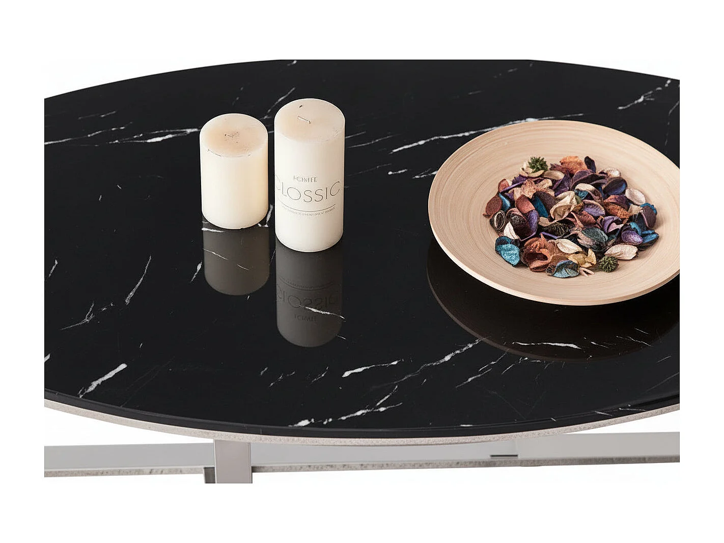 Table Basse Ovale GAMMA Plateau Granite Effet Marbre Noir Pieds Chrome 120x60x45cm