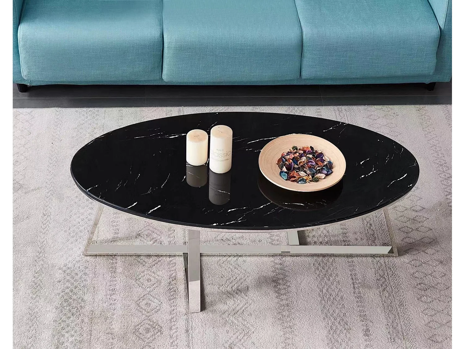 Table Basse Ovale GAMMA Plateau Granite Effet Marbre Noir Pieds Chrome 120x60x45cm
