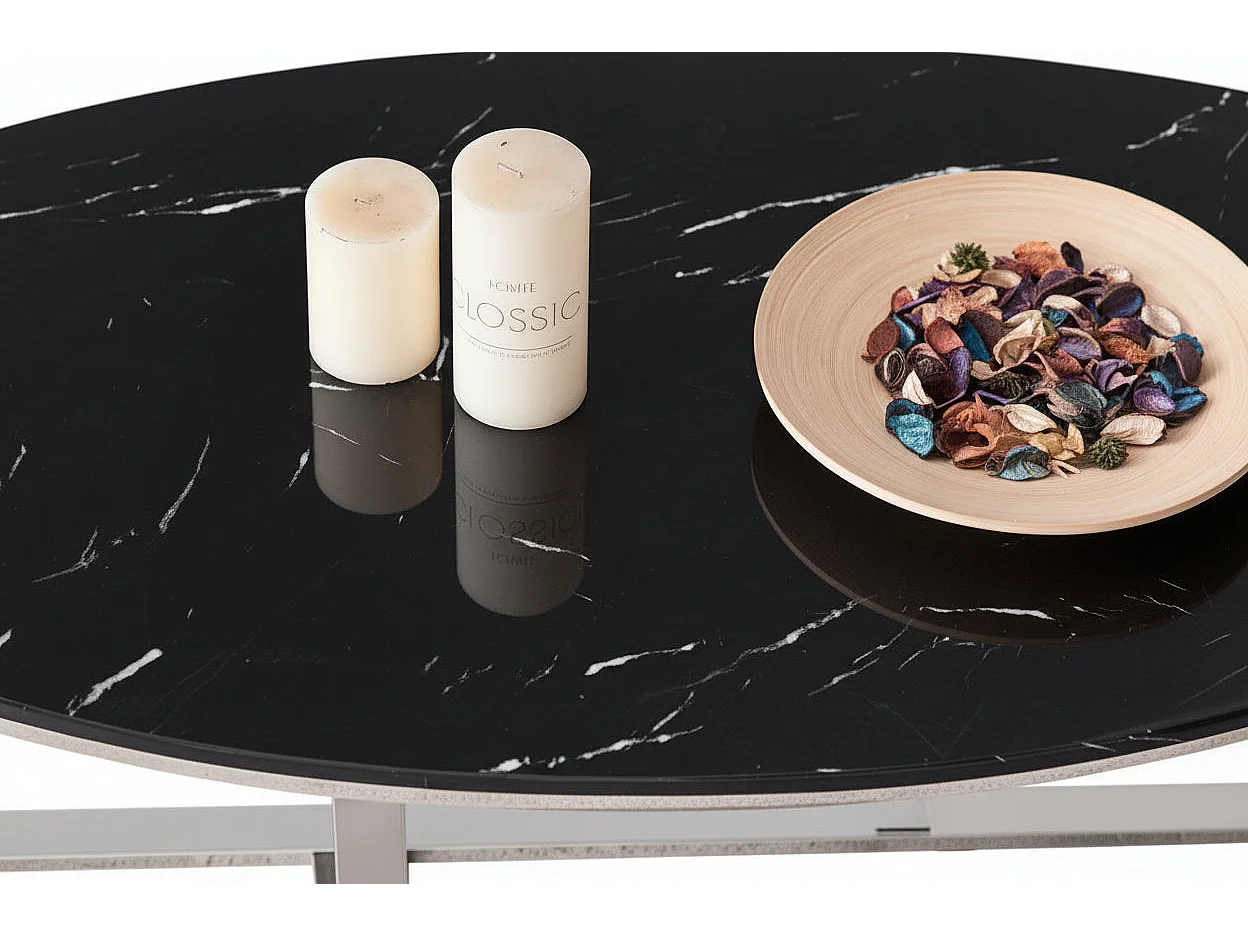 Table Basse Ovale GAMMA Plateau Granite Effet Marbre Noir Pieds Chrome 120x60x45cm