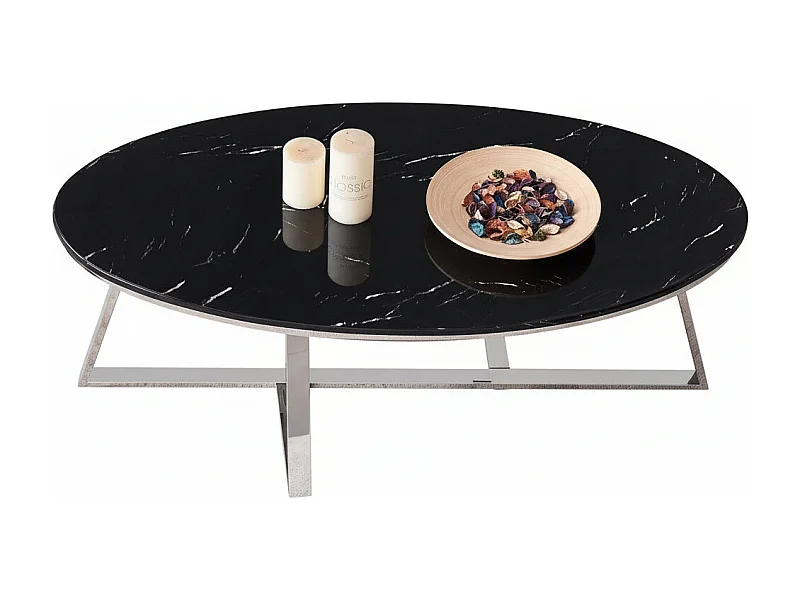 Table Basse Ovale GAMMA Plateau Granite Effet Marbre Noir Pieds Chrome 120x60x45cm