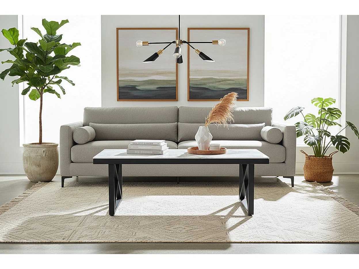 Table Basse LEVANTO Plateau Verre Trempé Marbré Beige Structure Métal Noir 120x60x45cm