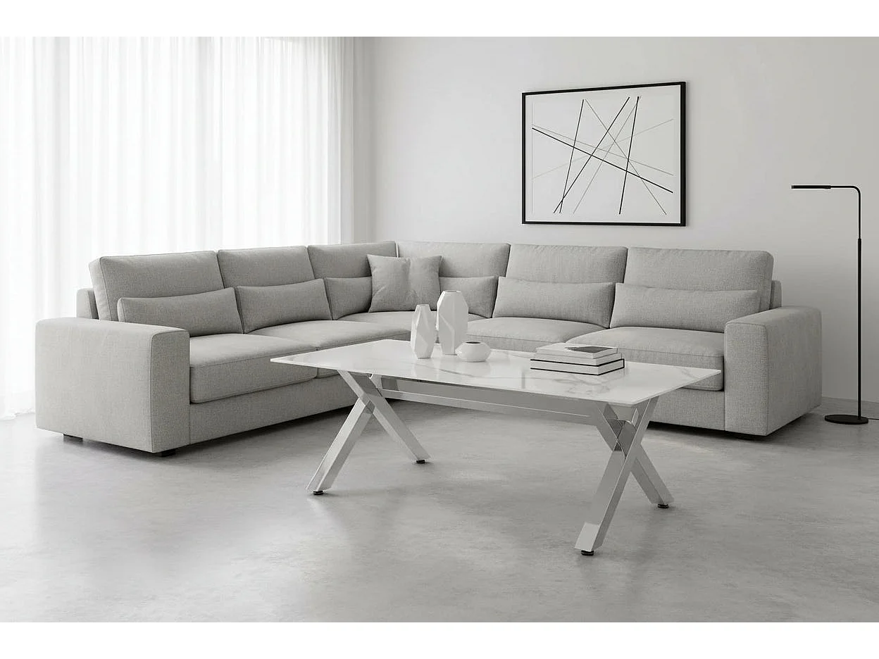 Table basse IXE Chrome & Verre Transparent 120x60x45 cm - Marbré blanc