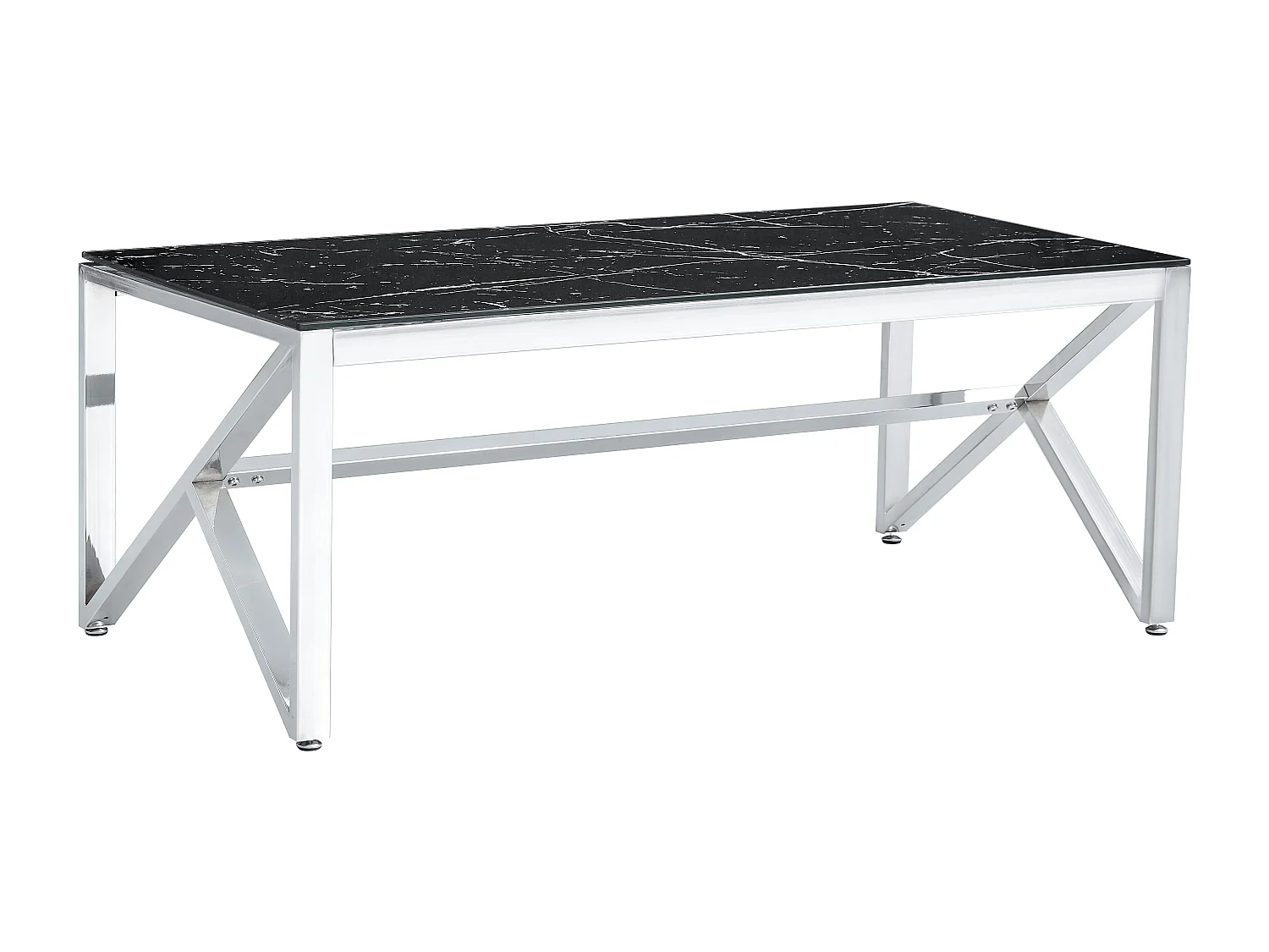 Table Basse MAJESTIQUE Rectangle Plateau Verre Trempé Marbré Noir Pieds Chrome 120x60x45cm