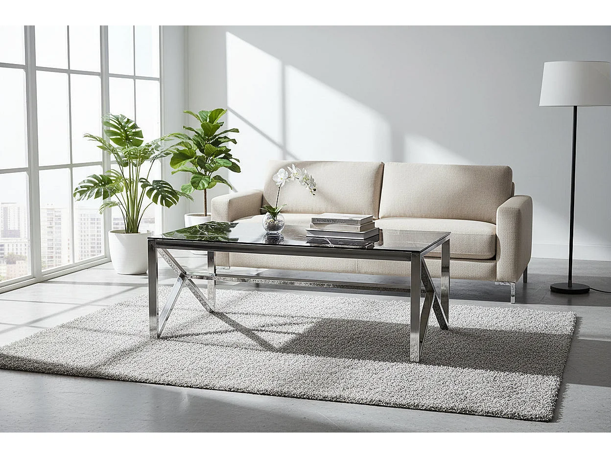 Table Basse MAJESTIQUE Rectangle Plateau Verre Trempé Marbré Noir Pieds Chrome 120x60x45cm