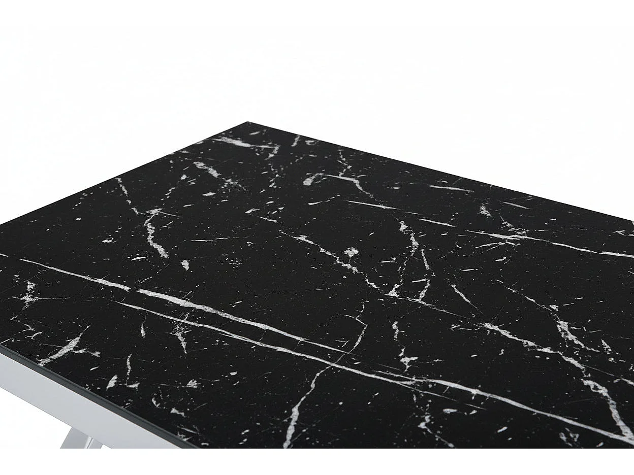 Table Basse MAJESTIQUE Rectangle Plateau Verre Trempé Marbré Noir Pieds Chrome 120x60x45cm