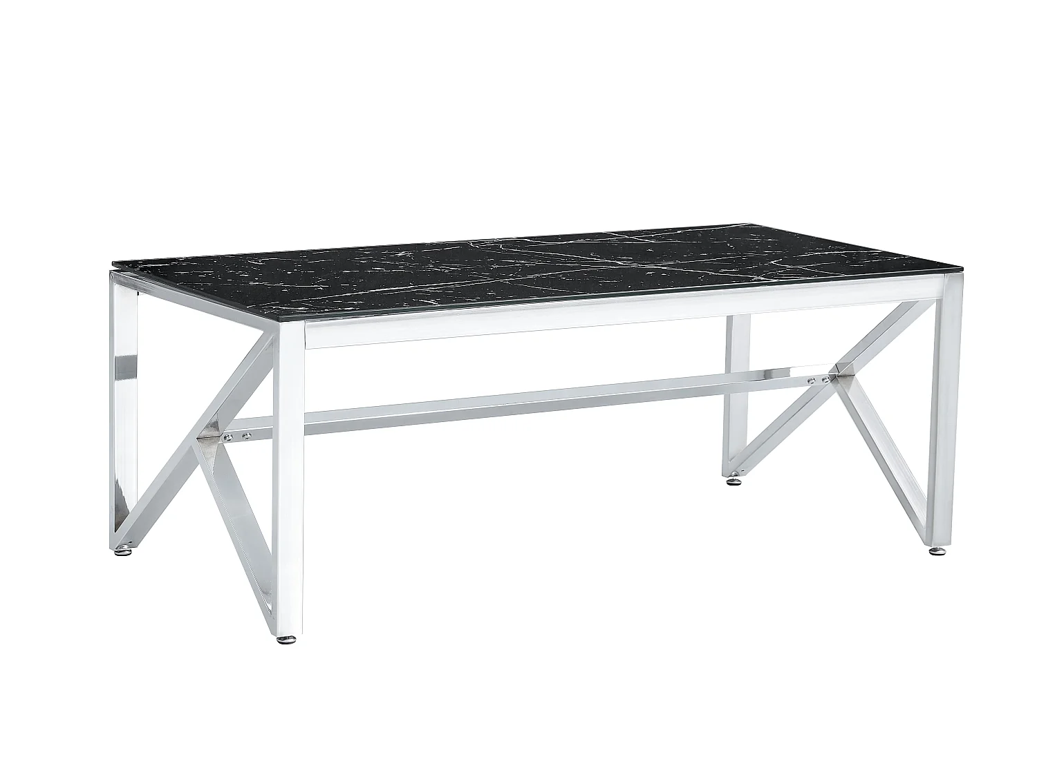 Table Basse MAJESTIQUE Rectangle Plateau Verre Trempé Marbré Noir Pieds Chrome 120x60x45cm