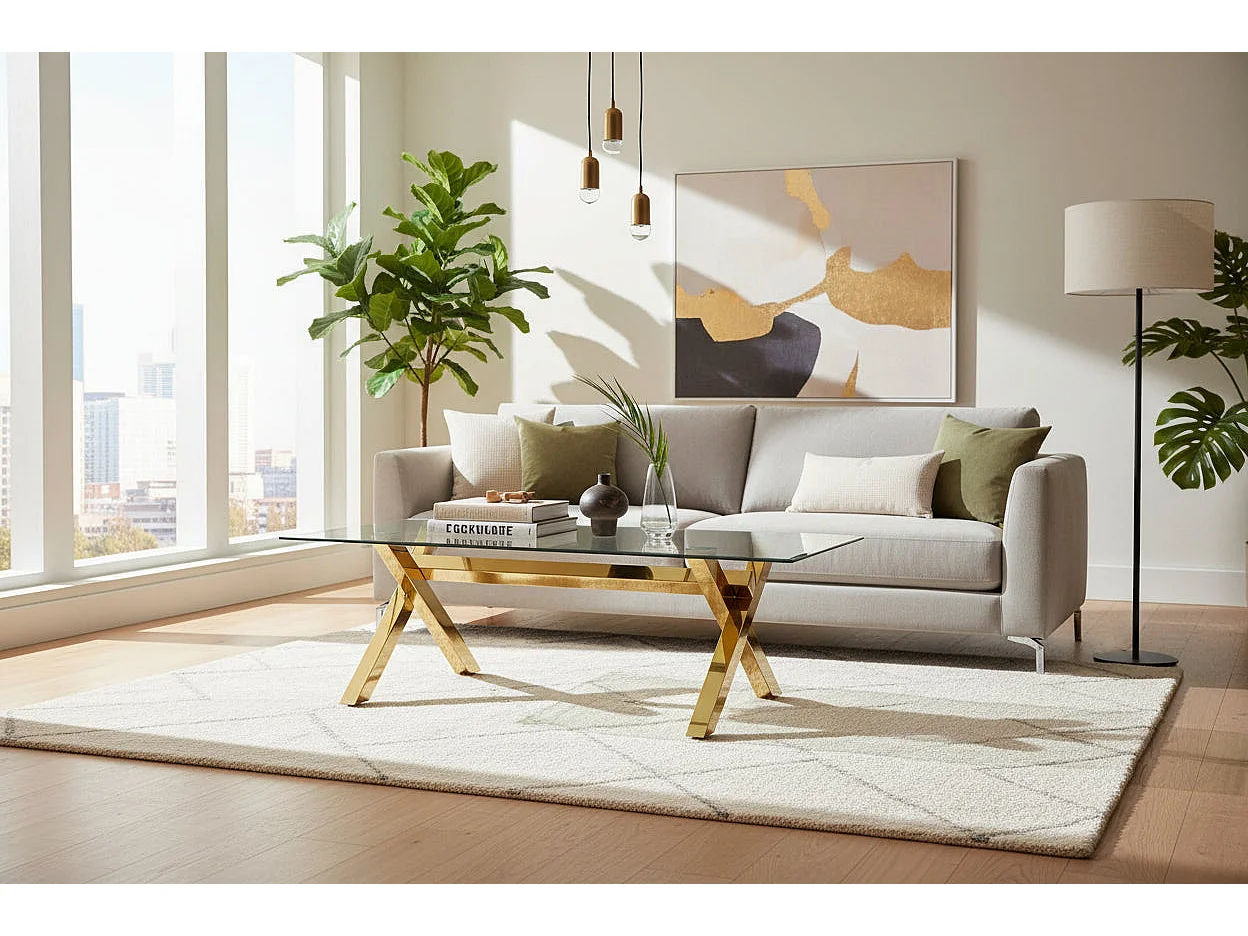 Table Basse IXE Métal Gold Plateau Verre Trempé Transparent 120x60x45cm