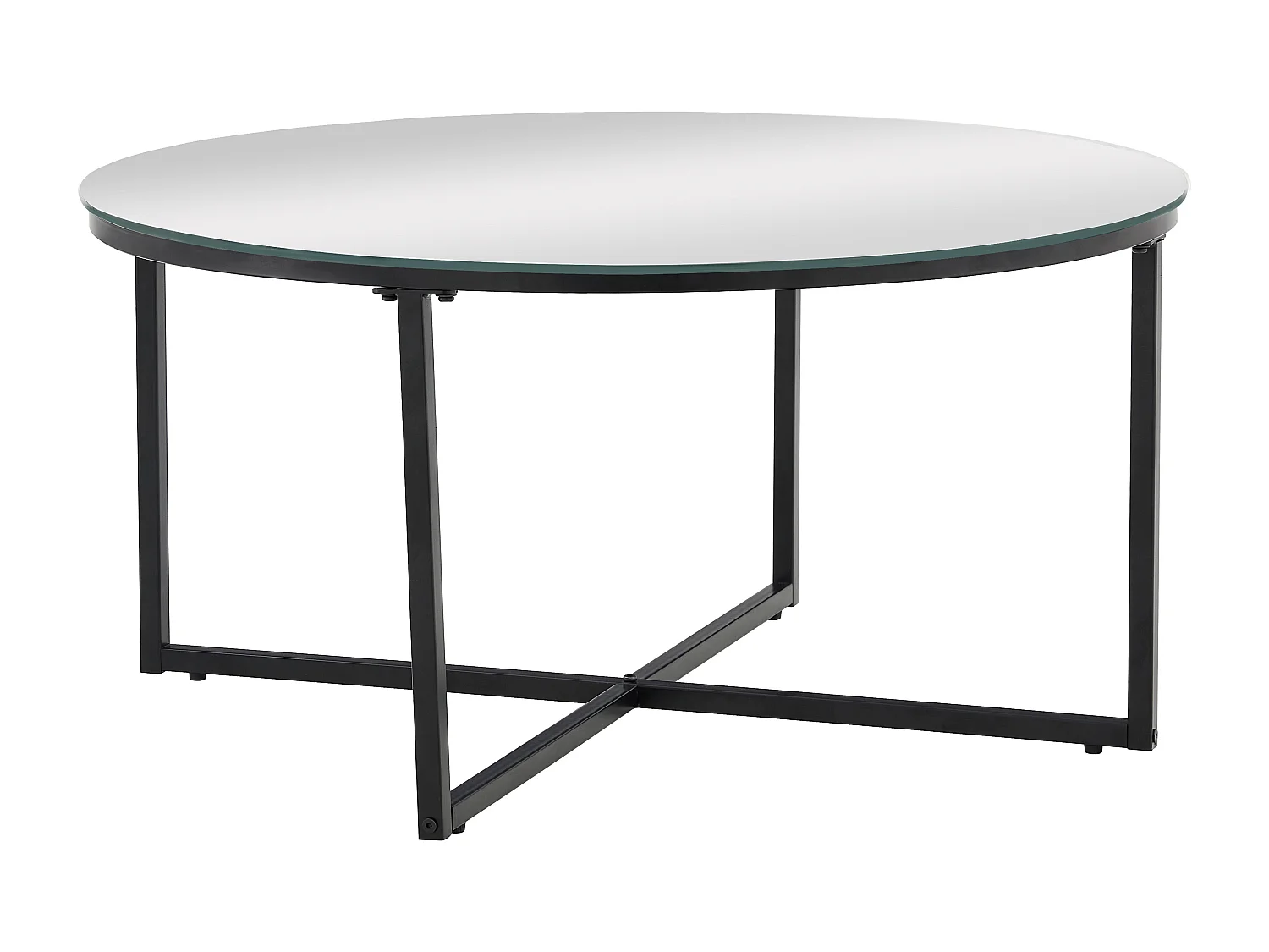 Table Basse LORIE Ronde Plateau Verre Trempé Miroir Structure Métal Noir D90x45cm