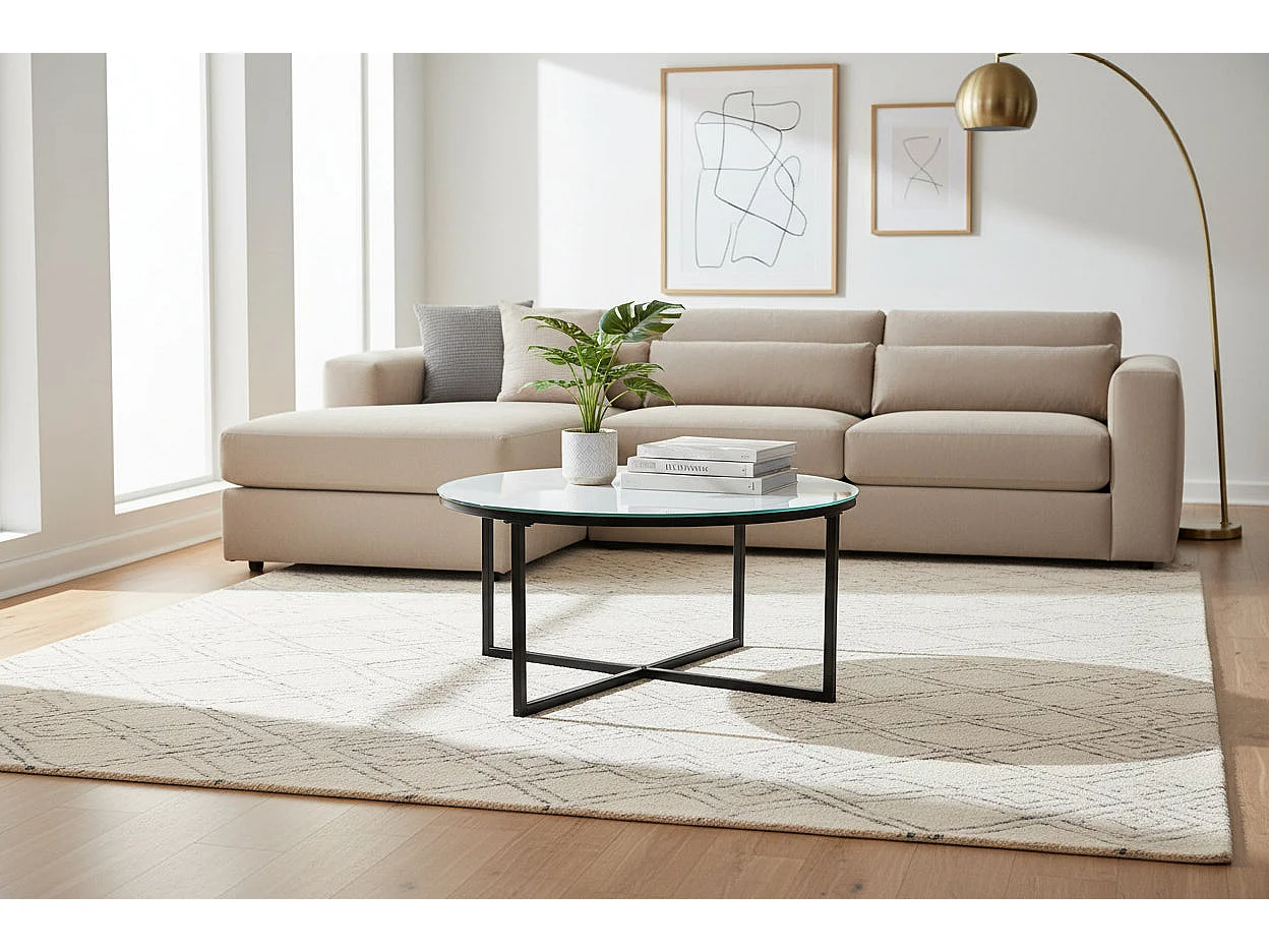 Table Basse LORIE Ronde Plateau Verre Trempé Miroir Structure Métal Noir D90x45cm