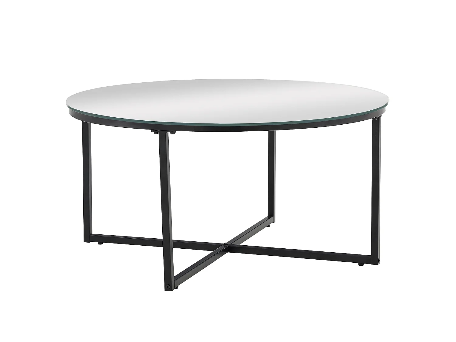 Table Basse LORIE Ronde Plateau Verre Trempé Miroir Structure Métal Noir D90x45cm