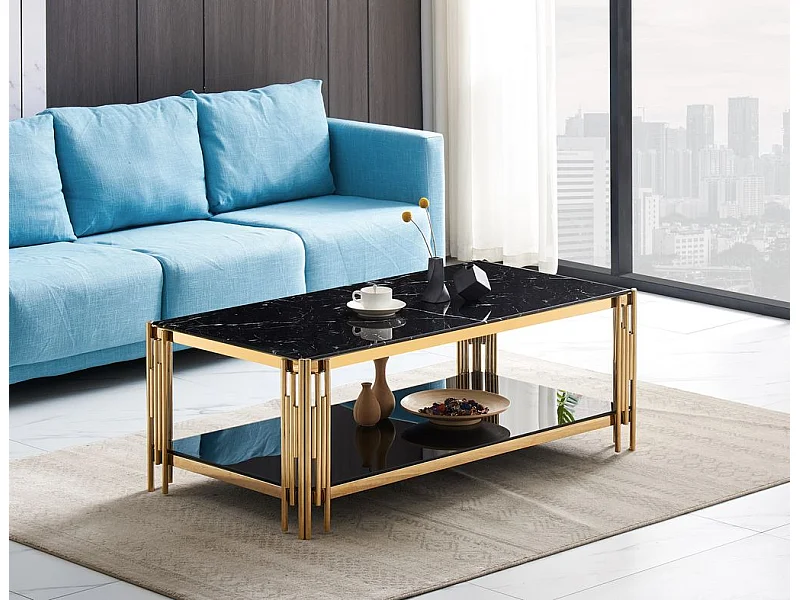 Table Basse FLUTE Gold et plateau en verre 120x60x45 cm