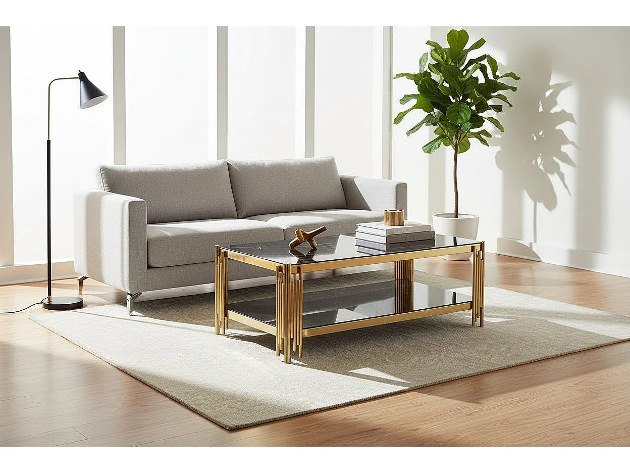 Table Basse FLUTE Rectangle Double Plateau Verre Trempé Marbré Noir Structure Gold 120x60x45cm