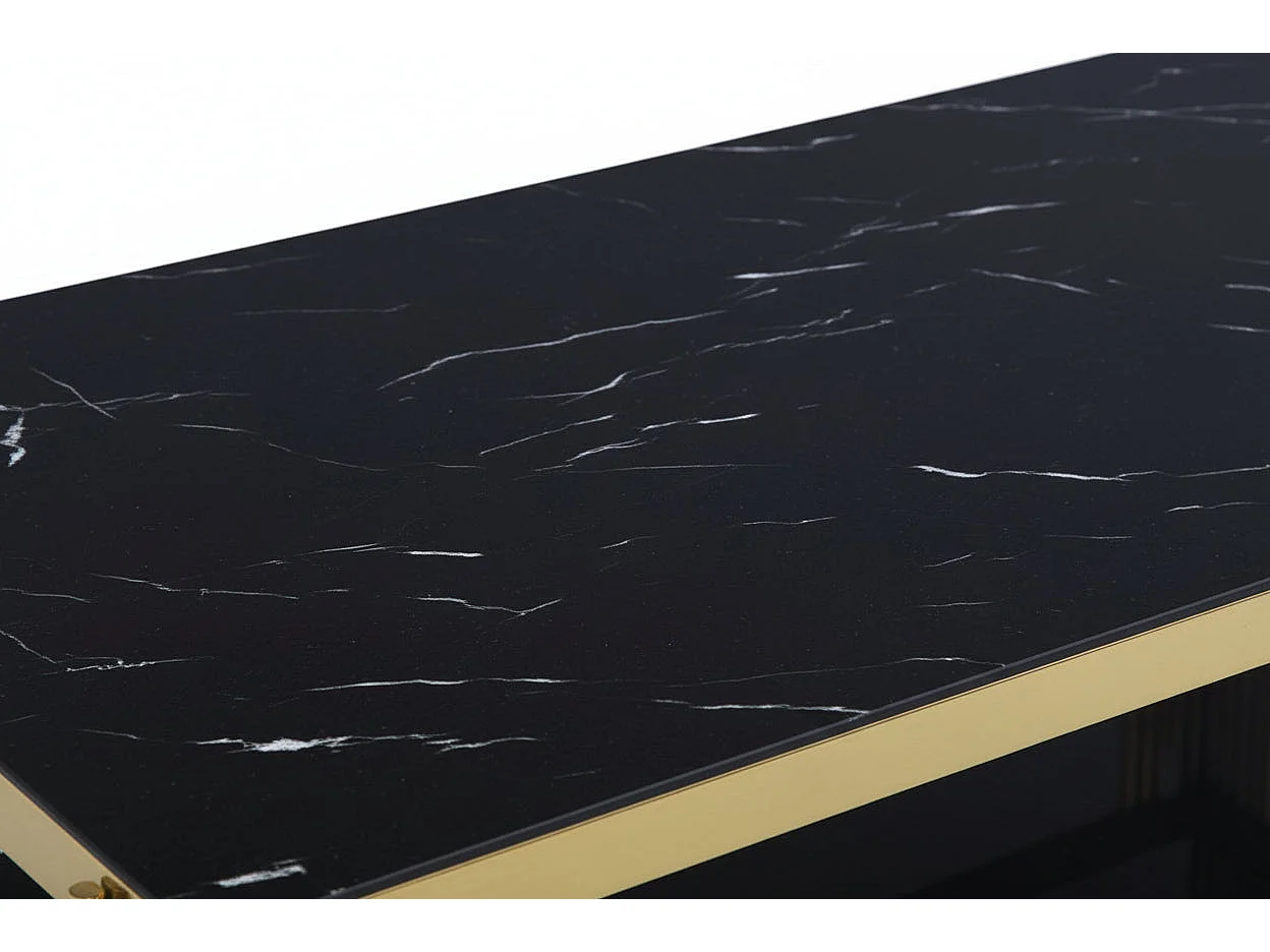 Table Basse FLUTE Rectangle Double Plateau Verre Trempé Marbré Noir Structure Gold 120x60x45cm